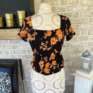 Miss Selfridge black and orange floral square neck top size 6